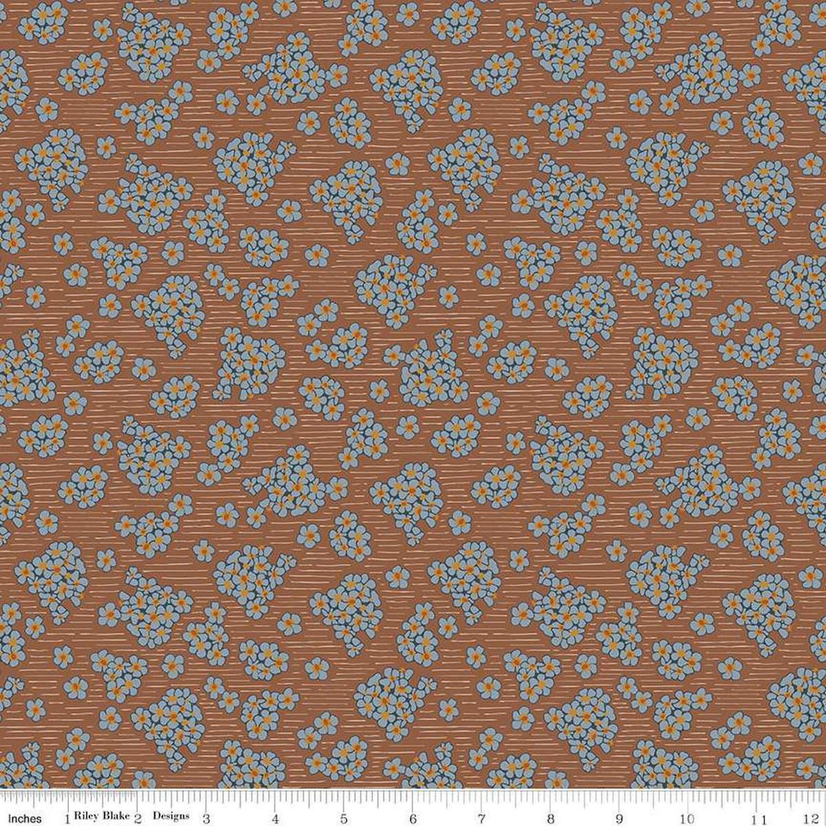 Image of the Honey Locust Hydrangeas Saddle quilting cotton fabric by Riley Blake Designs. Features flowers on a brown background