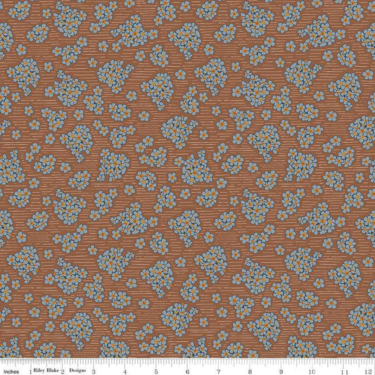 Image of the Honey Locust Hydrangeas Saddle quilting cotton fabric by Riley Blake Designs. Features flowers on a brown background