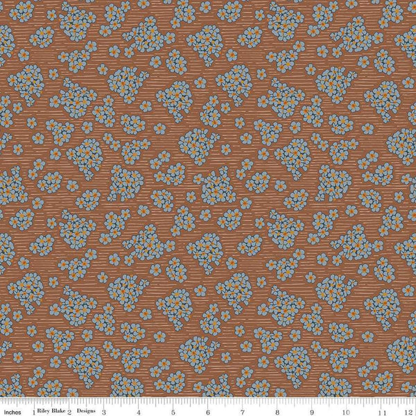 Image of the Honey Locust Hydrangeas Saddle quilting cotton fabric by Riley Blake Designs. Features flowers on a brown background