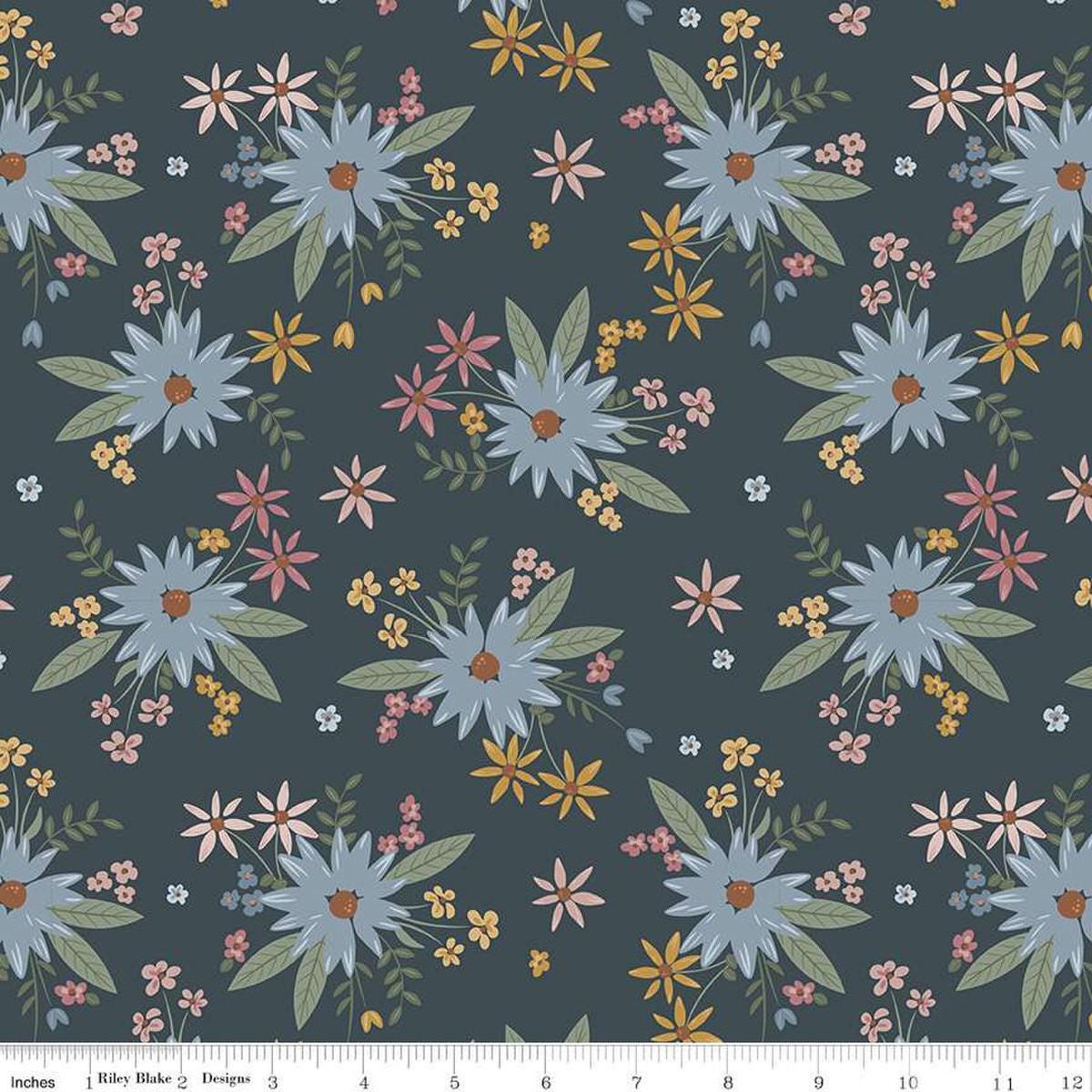 Image of the Honey Locust Gigi's Garden Lead quilting cotton fabric by Riley Blake Designs. Features flowers on a gray background.