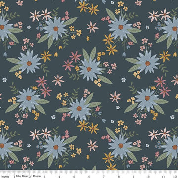Image of the Honey Locust Gigi's Garden Lead quilting cotton fabric by Riley Blake Designs. Features flowers on a gray background.
