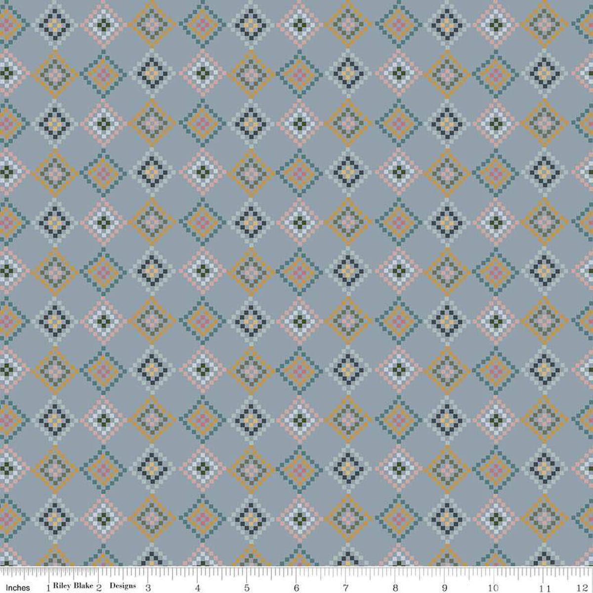 Image of the Honey Locust Patchwork Sky quilting cotton fabric by Riley Blake Designs. Features squares on a gray background.