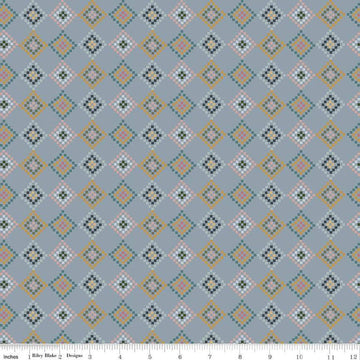 Image of the Honey Locust Patchwork Sky quilting cotton fabric by Riley Blake Designs. Features squares on a gray background.