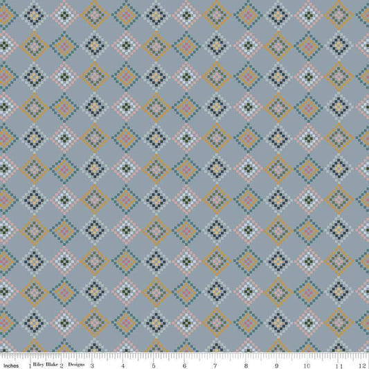 Image of the Honey Locust Patchwork Sky quilting cotton fabric by Riley Blake Designs. Features squares on a gray background.