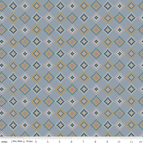 Image of the Honey Locust Patchwork Sky quilting cotton fabric by Riley Blake Designs. Features squares on a gray background.