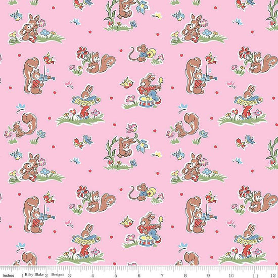 Image of the Love Notes Butterfly Main Pink quilting cotton fabric by Riley Blake Designs. Features animals on a pink background. Cute Little Fabric Shop