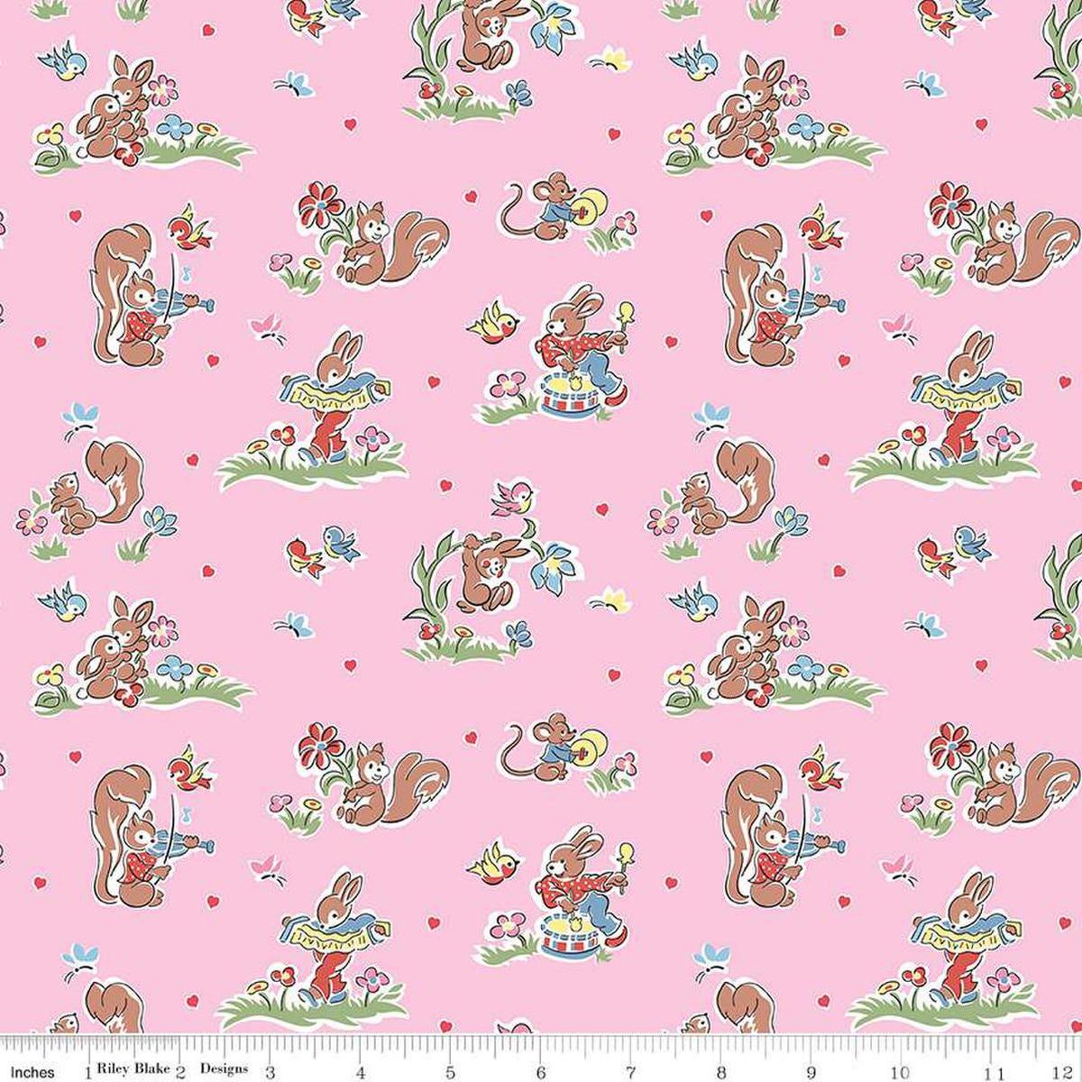 Image of the Love Notes Butterfly Main Pink quilting cotton fabric by Riley Blake Designs. Features animals on a pink background. Cute Little Fabric Shop