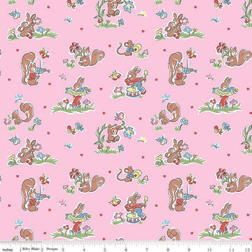 Image of the Love Notes Butterfly Main Pink quilting cotton fabric by Riley Blake Designs. Features animals on a pink background. Cute Little Fabric Shop