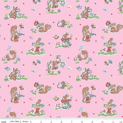 Image of the Love Notes Butterfly Main Pink quilting cotton fabric by Riley Blake Designs. Features animals on a pink background. Cute Little Fabric Shop