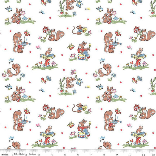 Image of the Love Notes Main White  quilting cotton fabric by Riley Blake Designs. Features animals on a white background. Cute Little Fabric Shop
