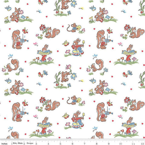 Image of the Love Notes Main White  quilting cotton fabric by Riley Blake Designs. Features animals on a white background. Cute Little Fabric Shop