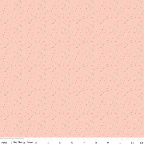 Image of the Love Notes Music Notes Apricot quilting cotton fabric by Riley Blake Designs. Features music notes on a white background. Cute Little Fabric Shop