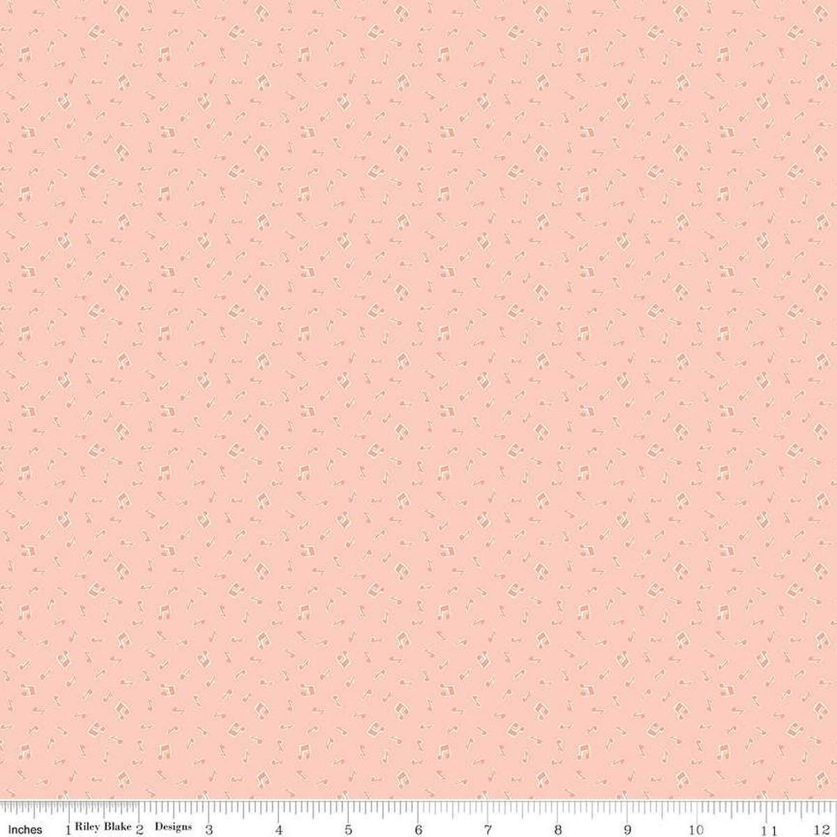 Image of the Love Notes Music Notes Apricot quilting cotton fabric by Riley Blake Designs. Features music notes on a white background. Cute Little Fabric Shop
