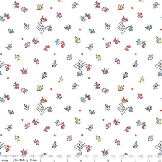 Image of the Love Notes Songbirds White quilting cotton fabric by Riley Blake Designs. Features birds on a white background. Cute Little Fabric Shop