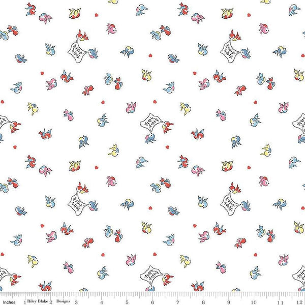 Image of the Love Notes Songbirds White quilting cotton fabric by Riley Blake Designs. Features birds on a white background. Cute Little Fabric Shop