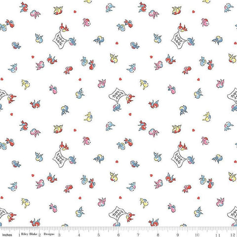 Image of the Love Notes Songbirds White quilting cotton fabric by Riley Blake Designs. Features birds on a white background. Cute Little Fabric Shop
