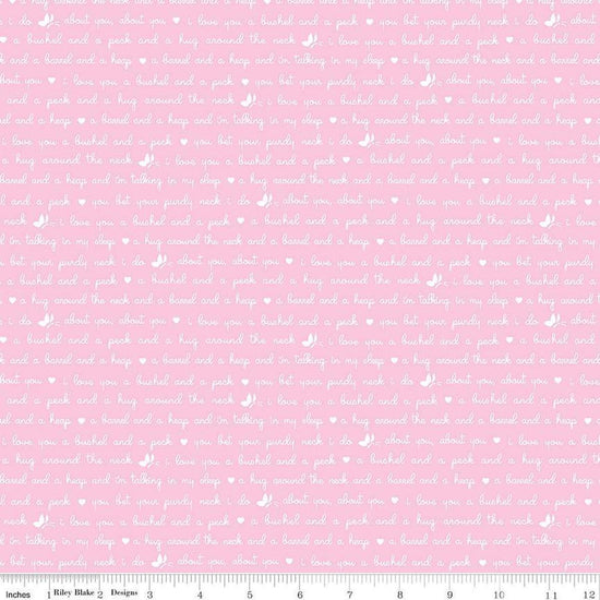 Image of the Love Notes Text Pink quilting cotton fabric by Riley Blake Designs. Features text on a pink background. Cute Little Fabric Shop