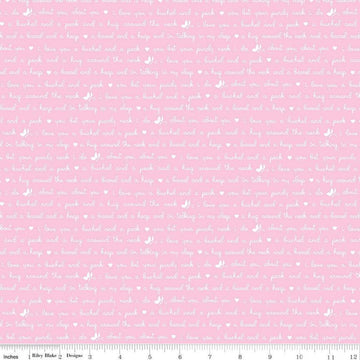 Image of the Love Notes Text Pink quilting cotton fabric by Riley Blake Designs. Features text on a pink background. Cute Little Fabric Shop