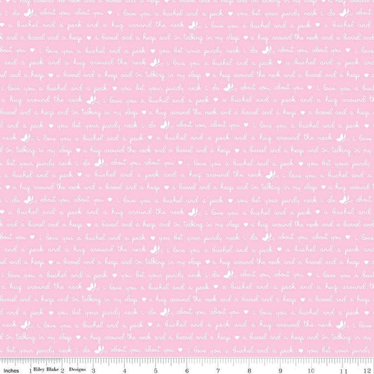 Image of the Love Notes Text Pink quilting cotton fabric by Riley Blake Designs. Features text on a pink background. Cute Little Fabric Shop