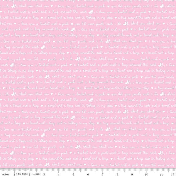 Image of the Love Notes Text Pink quilting cotton fabric by Riley Blake Designs. Features text on a pink background. Cute Little Fabric Shop