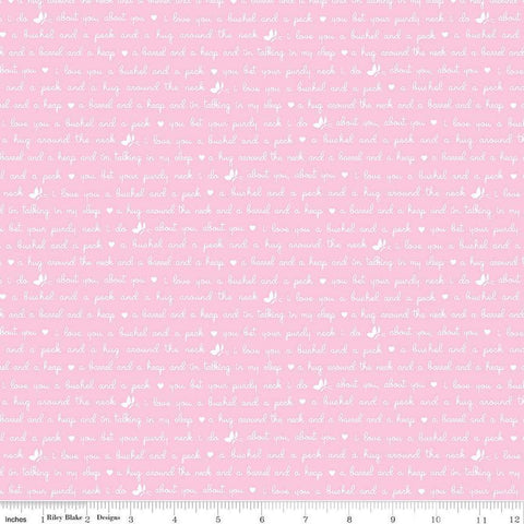 Image of the Love Notes Text Pink quilting cotton fabric by Riley Blake Designs. Features text on a pink background. Cute Little Fabric Shop