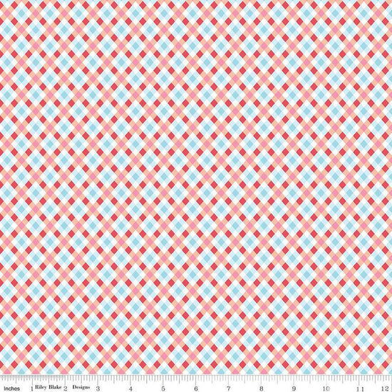 Image of the Love Notes Plaid Apricot quilting cotton fabric by Riley Blake Designs. Features stripes on a pink background. Cute Little Fabric Shop