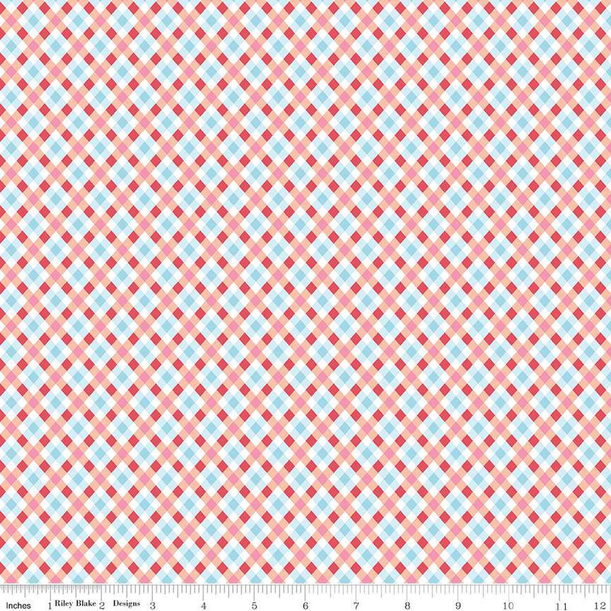 Image of the Love Notes Plaid Apricot quilting cotton fabric by Riley Blake Designs. Features stripes on a pink background. Cute Little Fabric Shop