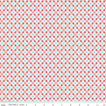 Image of the Love Notes Plaid Apricot quilting cotton fabric by Riley Blake Designs. Features stripes on a pink background. Cute Little Fabric Shop