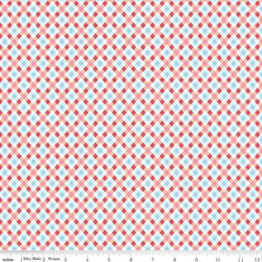 Image of the Love Notes Plaid Apricot quilting cotton fabric by Riley Blake Designs. Features stripes on a pink background. Cute Little Fabric Shop