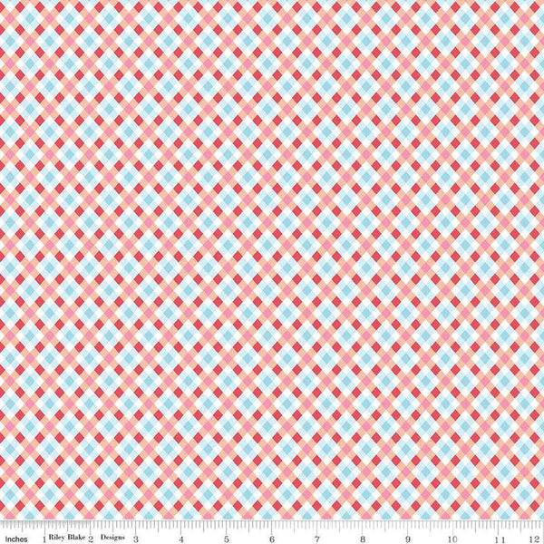 Image of the Love Notes Plaid Apricot quilting cotton fabric by Riley Blake Designs. Features stripes on a pink background. Cute Little Fabric Shop