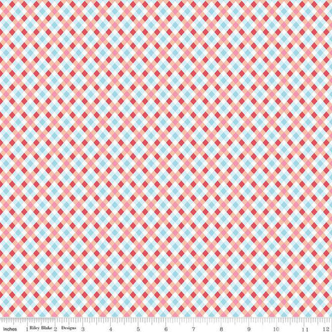 Image of the Love Notes Plaid Apricot quilting cotton fabric by Riley Blake Designs. Features stripes on a pink background. Cute Little Fabric Shop