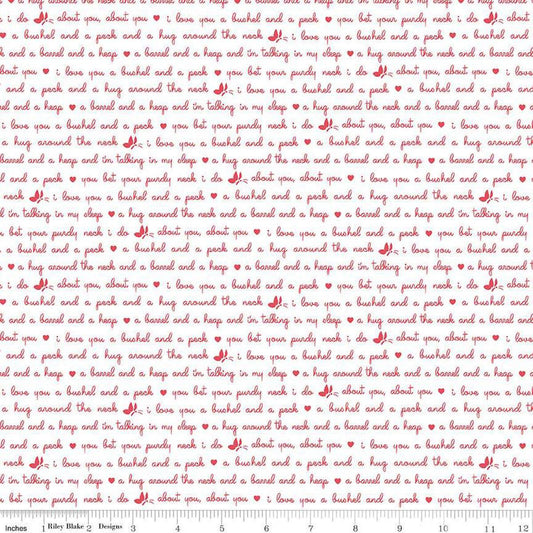 Image of the Love Notes Text White quilting cotton fabric by Riley Blake Designs. Features text on a white background. Cute Little Fabric Shop