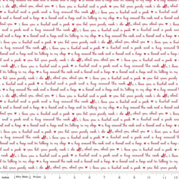 Image of the Love Notes Text White quilting cotton fabric by Riley Blake Designs. Features text on a white background. Cute Little Fabric Shop