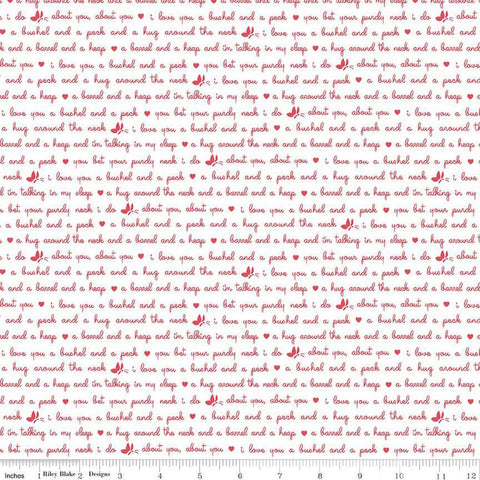 Image of the Love Notes Text White quilting cotton fabric by Riley Blake Designs. Features text on a white background. Cute Little Fabric Shop