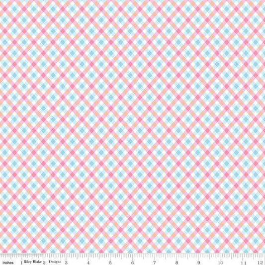 Image of the Love Notes Plaid Pink quilting cotton fabric by Riley Blake Designs. Features plaid on a pink background. Cute Little Fabric Shop