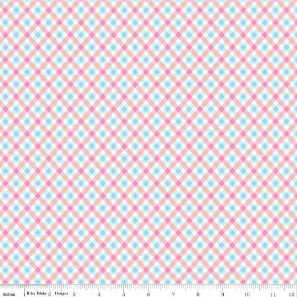 Image of the Love Notes Plaid Pink quilting cotton fabric by Riley Blake Designs. Features plaid on a pink background. Cute Little Fabric Shop