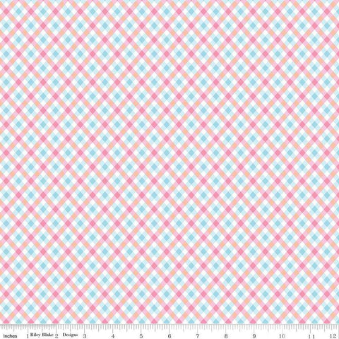 Image of the Love Notes Plaid Pink quilting cotton fabric by Riley Blake Designs. Features plaid on a pink background. Cute Little Fabric Shop