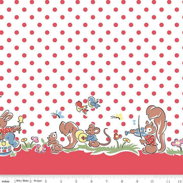 Image of the Love Notes Border Print White quilting cotton fabric by Riley Blake Designs. Features animals on a white background. Cute Little Fabric Shop