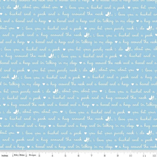 Image of the Love Notes Text Blue quilting cotton fabric by Riley Blake Designs. Features text on a blue background. Cute Little Fabric Shop