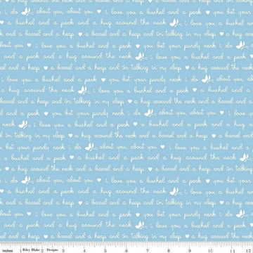 Image of the Love Notes Text Blue quilting cotton fabric by Riley Blake Designs. Features text on a blue background. Cute Little Fabric Shop