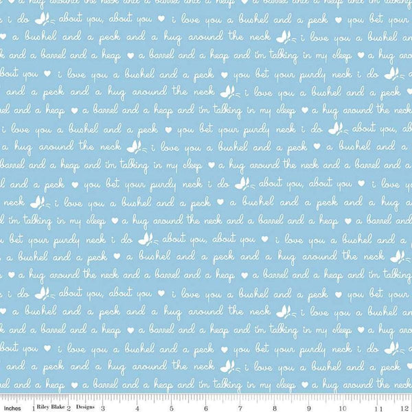 Image of the Love Notes Text Blue quilting cotton fabric by Riley Blake Designs. Features text on a blue background. Cute Little Fabric Shop