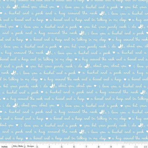 Image of the Love Notes Text Blue quilting cotton fabric by Riley Blake Designs. Features text on a blue background. Cute Little Fabric Shop