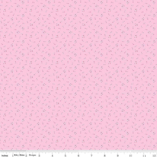 Image of the Love Notes Music Notes Pink quilting cotton fabric by Riley Blake Designs. Features music notes on a pink background. Cute Little Fabric Shop
