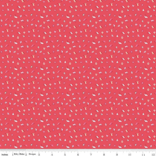 Image of the Love Notes Butterfly Floral Raspberry quilting cotton fabric by Riley Blake Designs. Features butterflies on a red background. Cute Little Fabric Shop