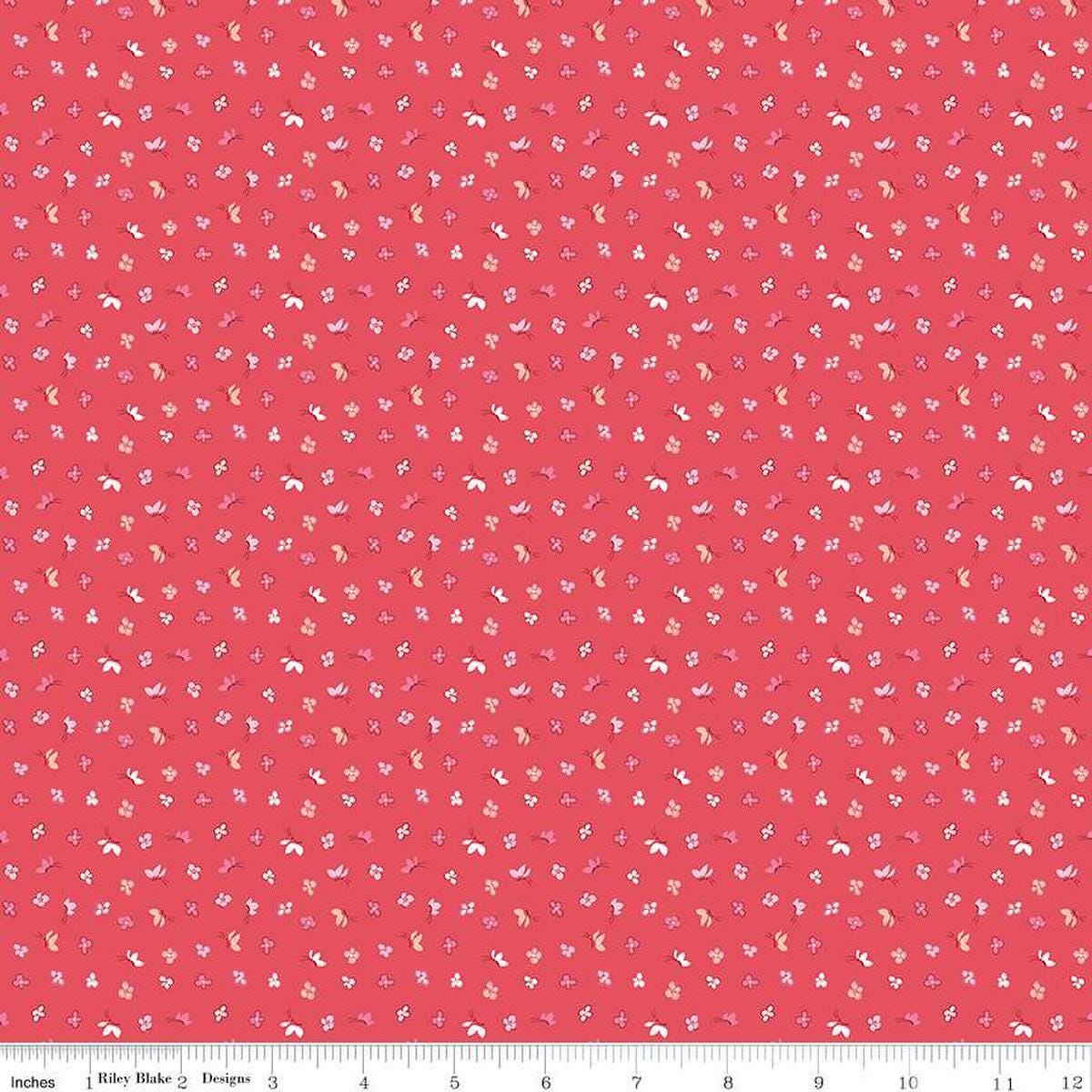 Image of the Love Notes Butterfly Floral Raspberry quilting cotton fabric by Riley Blake Designs. Features butterflies on a red background. Cute Little Fabric Shop