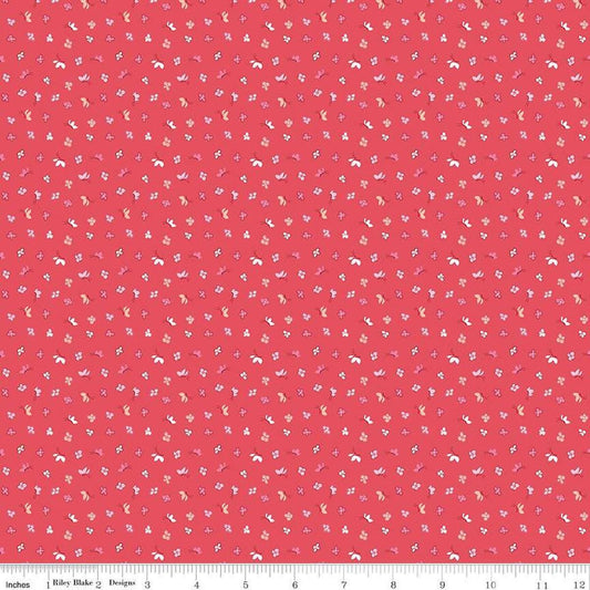 Image of the Love Notes Butterfly Floral Raspberry quilting cotton fabric by Riley Blake Designs. Features butterflies on a red background. Cute Little Fabric Shop