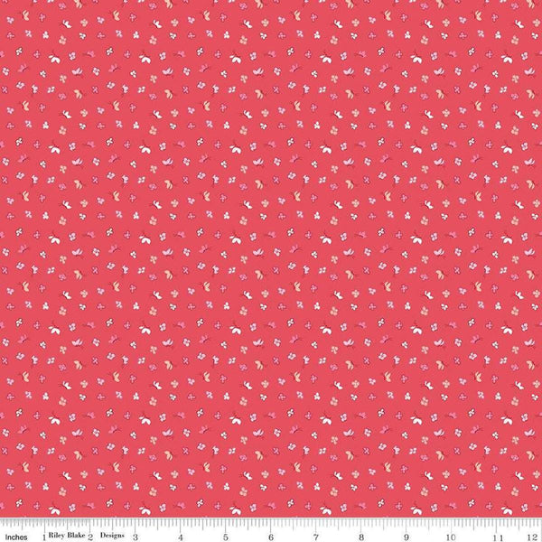 Image of the Love Notes Butterfly Floral Raspberry quilting cotton fabric by Riley Blake Designs. Features butterflies on a red background. Cute Little Fabric Shop