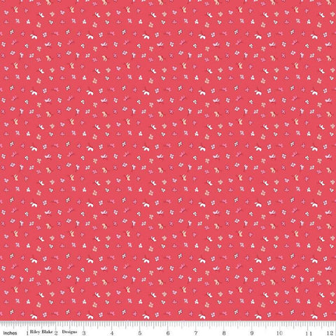 Image of the Love Notes Butterfly Floral Raspberry quilting cotton fabric by Riley Blake Designs. Features butterflies on a red background. Cute Little Fabric Shop