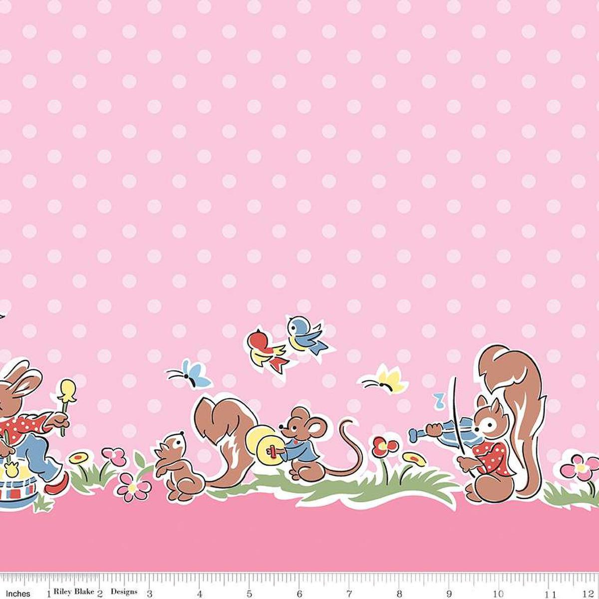 Image of the Love Notes Border Print Pink quilting cotton fabric by Riley Blake Designs. Features animals on a pink background. Cute Little Fabric Shop