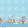 Image of the Love Notes Border Print Blue quilting cotton fabric by Riley Blake Designs. Features animals on a blue background. Cute Little Fabric Shop